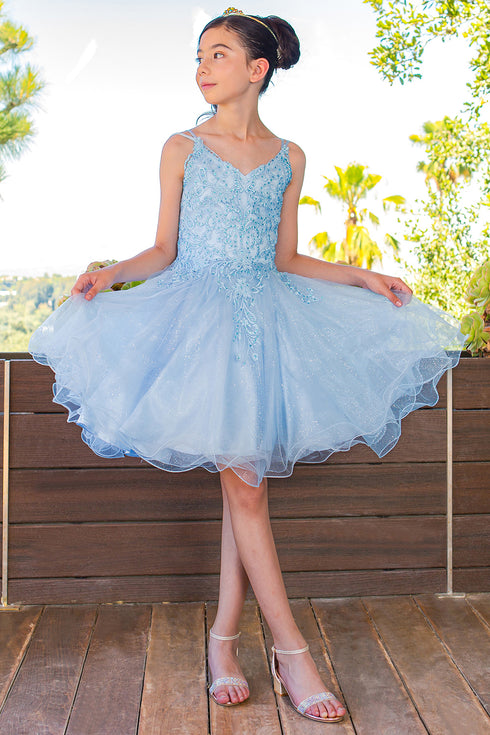 Big Girls Multi Color Double Spaghetti Rhinestone Embroidered Gown 4-16 - SophiasStyle.com